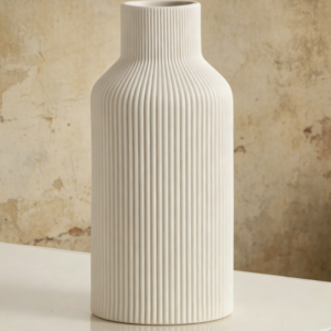 White Ceramic Vase – Minimalist Modern Small Reed Vase, 8 inches, suitable for tables, bookshelves, fireplace mantels, entryway decorations, and centerpieces