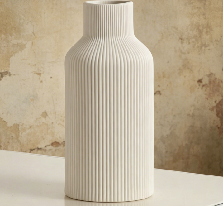 White Ceramic Vase – Minimalist Modern Small Reed Vase, 8 inches, suitable for tables, bookshelves, fireplace mantels, entryway decorations, and centerpieces