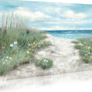Beachscape Canvas Painting – Coastal Scene Artwork, Wooden Fence and Weeds, Path to the Sea, Suitable for Bedroom Wall Decoration (24 inches x 18 inches)