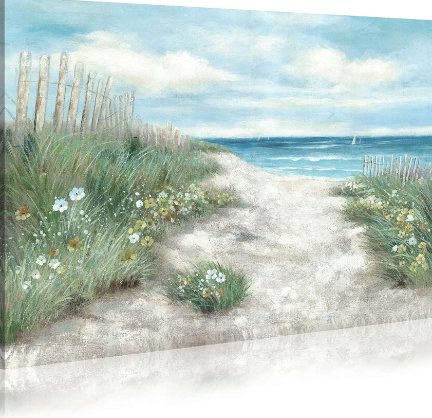Beachscape Canvas Painting – Coastal Scene Artwork, Wooden Fence and Weeds, Path to the Sea, Suitable for Bedroom Wall Decoration (24 inches x 18 inches)