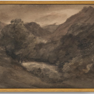 Vintage-style canvas framed decorative painting – Melancholy watercolor landscape, dark brown tones depicting a lake and mountain scene at dusk, suitable for living room and bathroom wall decoration (8 inches x 10 inches)
